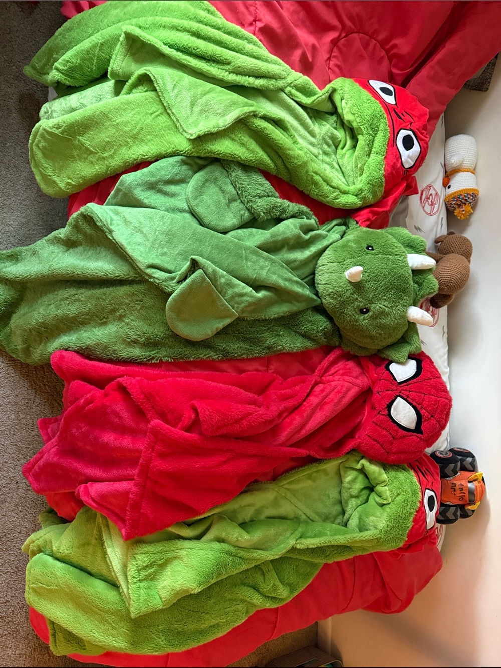 Kids Plush Dinosaur and Dragon Hooded Pajama Blanket - Green and Red